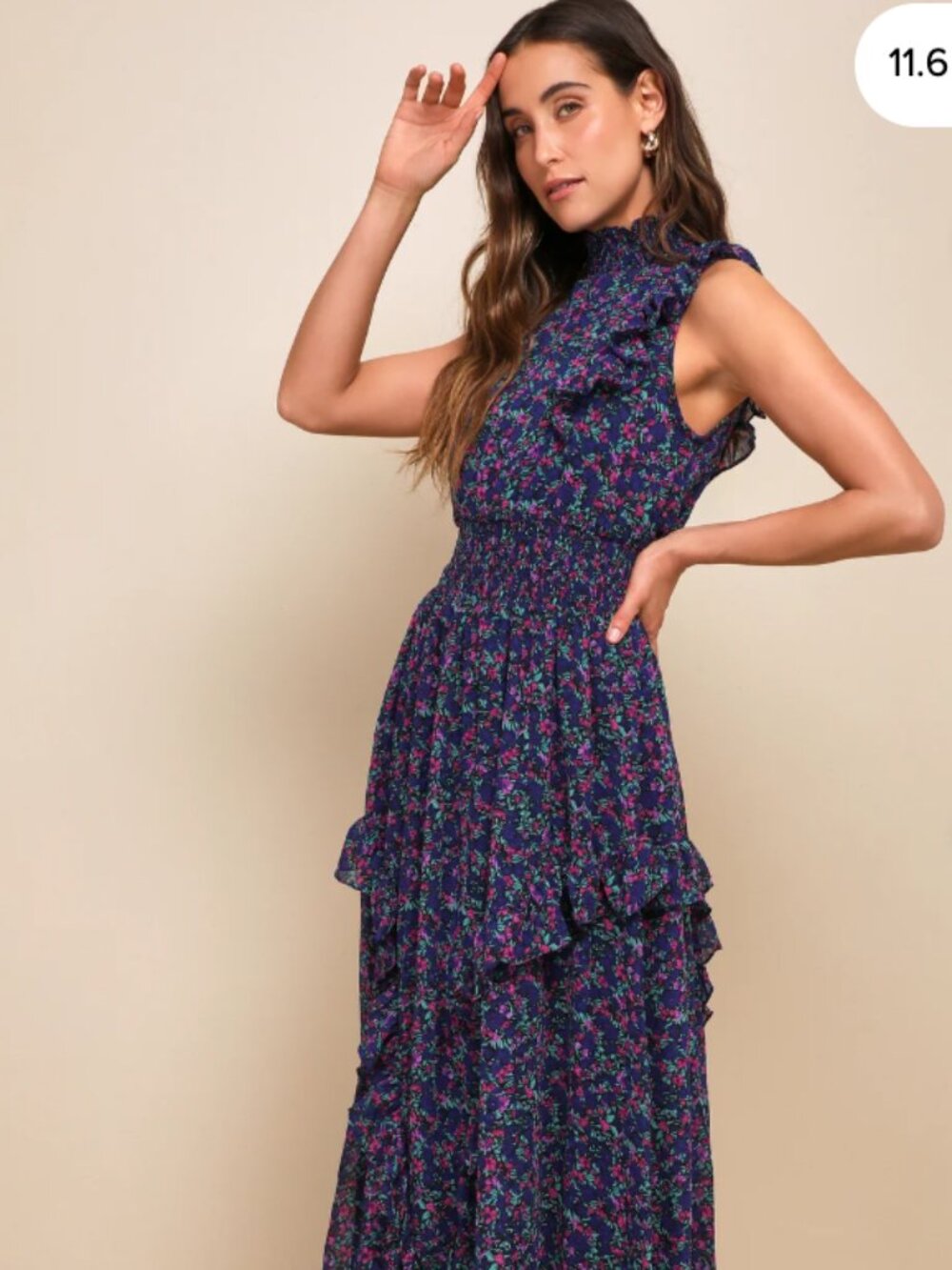 Lulus XS Evalina Navy Blue Floral Print Mock Neck Midi Dress - Picture 2 of 4